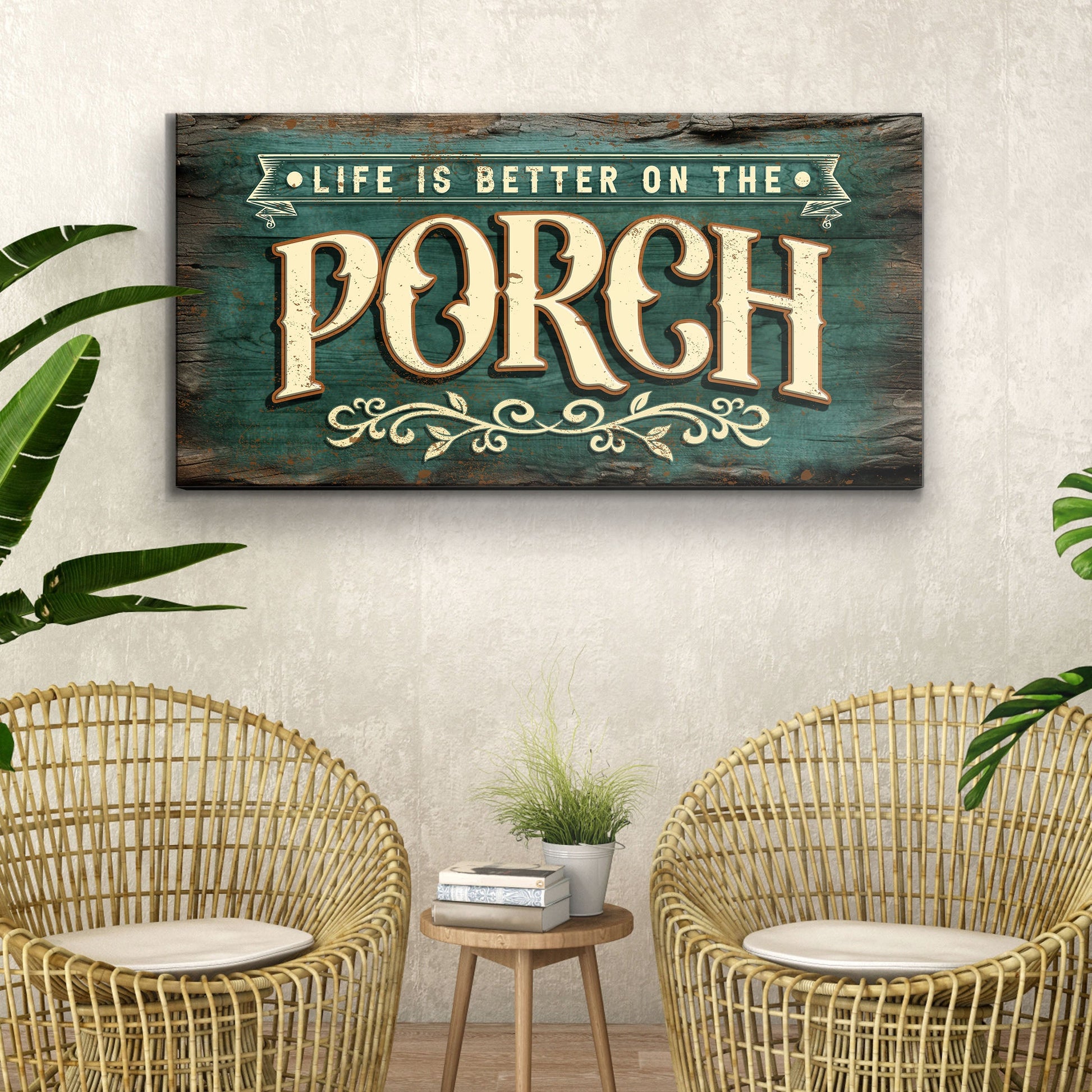 Life Is Better On The Porch Sign III canvas with teal distressed backdrop and cream letters on Tampa Home & Garden Store