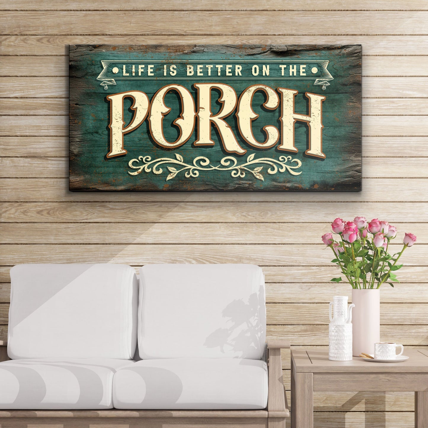 Life Is Better On The Porch Sign III canvas Tailored Canvases teal wood cream lettering on Tampa Home & Garden Store