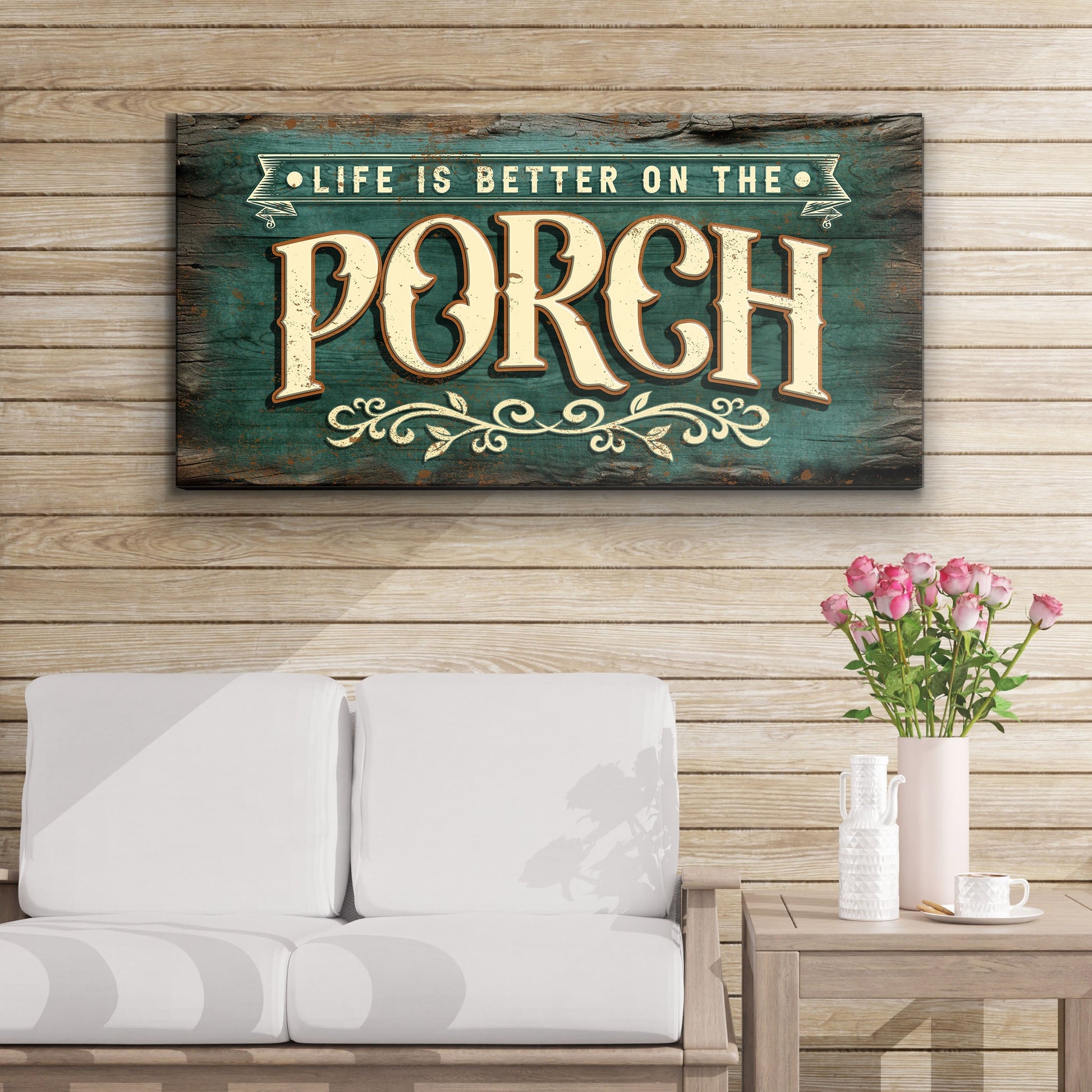 Life Is Better On The Porch Sign III canvas Tailored Canvases teal wood cream lettering on Tampa Home & Garden Store