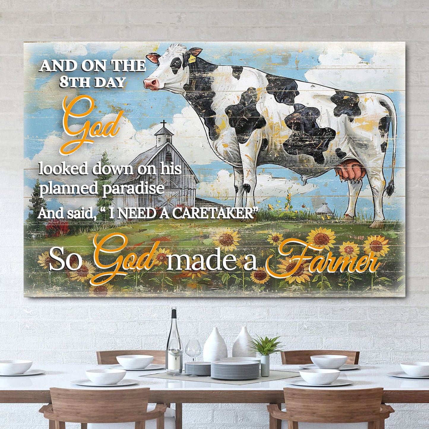 Canvas sign On The 8th Day God Made A Farmer II by Tailored Canvases with a cow on rustic wood on Tampa Home & Garden Store