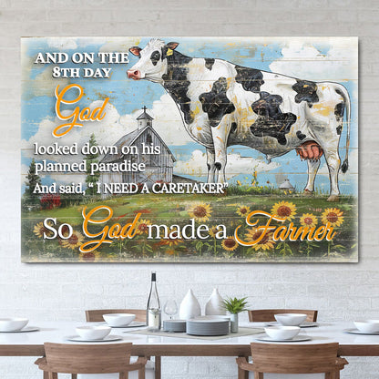 Canvas sign On The 8th Day God Made A Farmer II by Tailored Canvases with a cow on rustic wood on Tampa Home & Garden Store