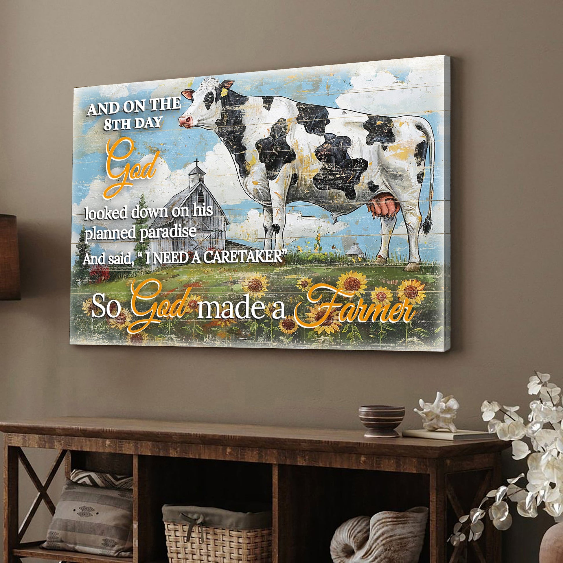 Canvas sign On The 8th Day God Made A Farmer Tailored Canvases with cow and sunflowers on Tampa Home & Garden Store