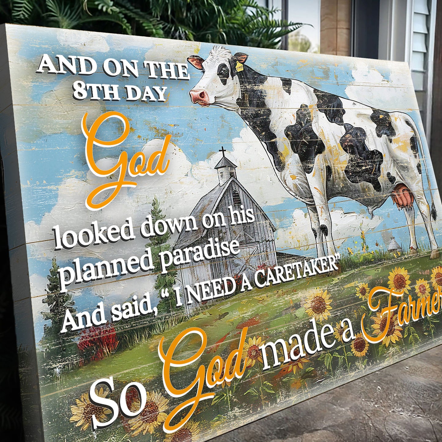 Canvas sign On The 8th Day God Made A Farmer II Tailored Canvases cow art rustic wood backdrop on Tampa Home & Garden Store