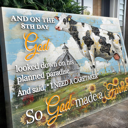 Canvas sign On The 8th Day God Made A Farmer II Tailored Canvases cow art rustic wood backdrop on Tampa Home & Garden Store