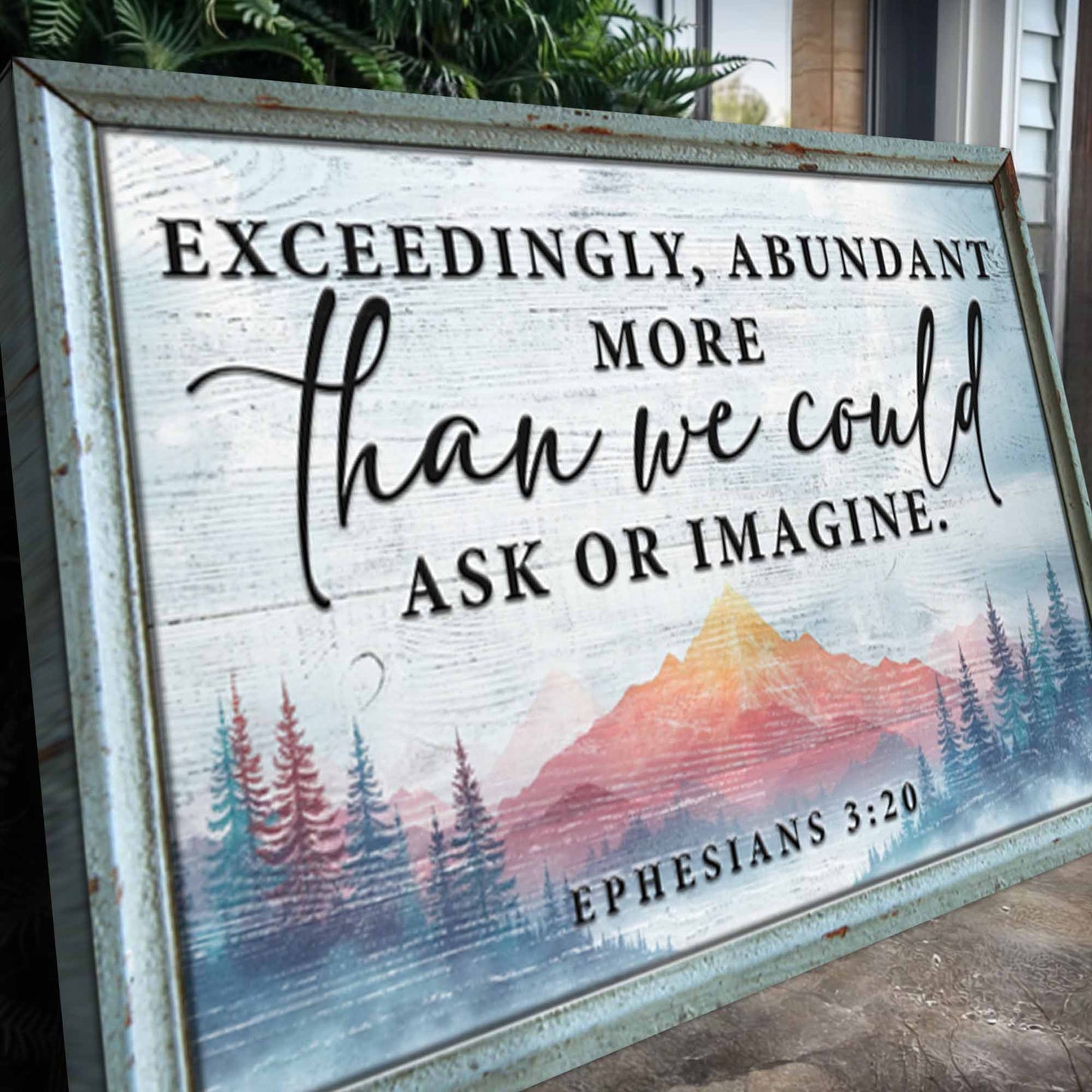 Canvas faith sign Ephesians 3:20 More Than We Could Ask Or Imagine with rustic whitewashed frame on Tampa Home & Garden Store