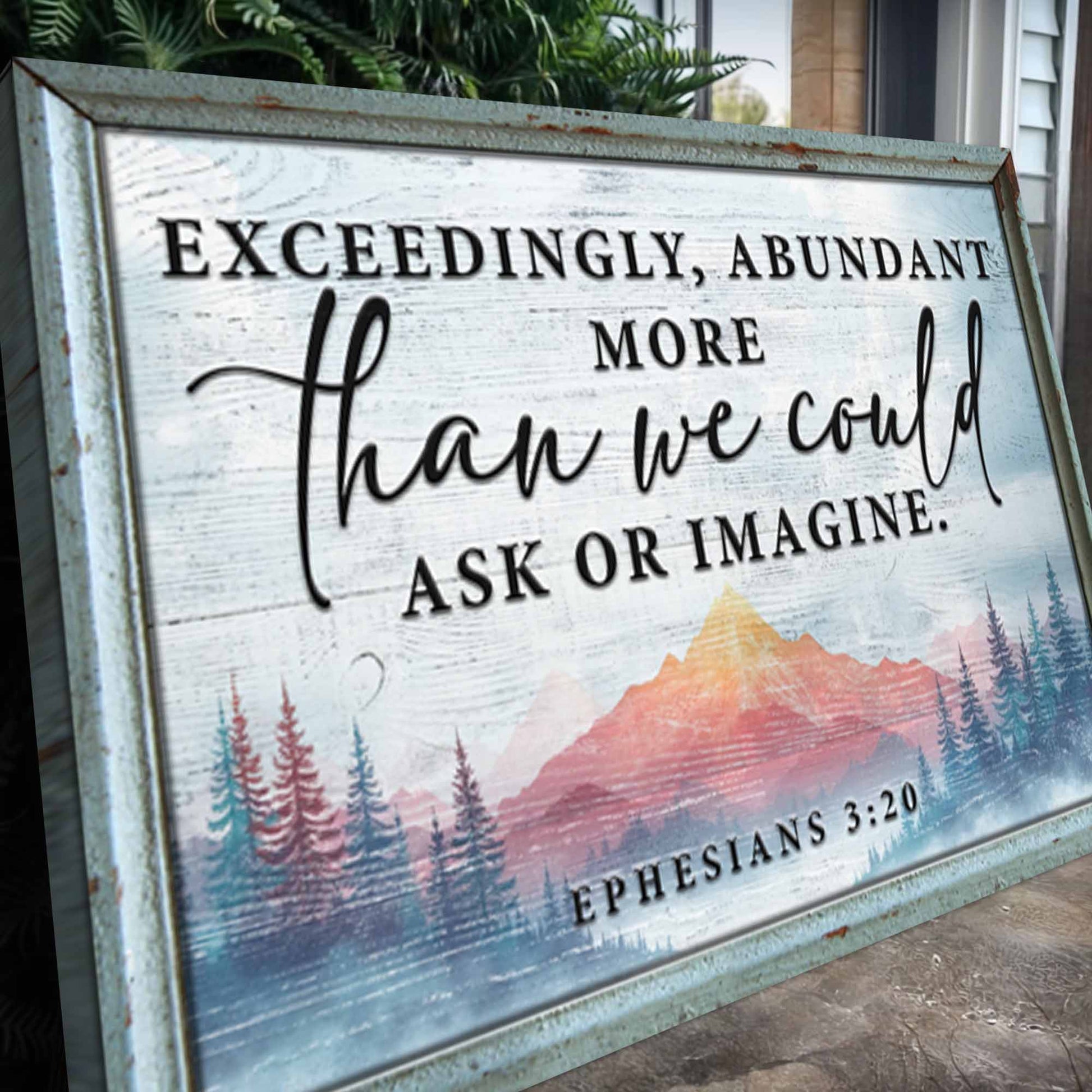 Canvas faith sign Ephesians 3:20 More Than We Could Ask Or Imagine with rustic whitewashed frame on Tampa Home & Garden Store