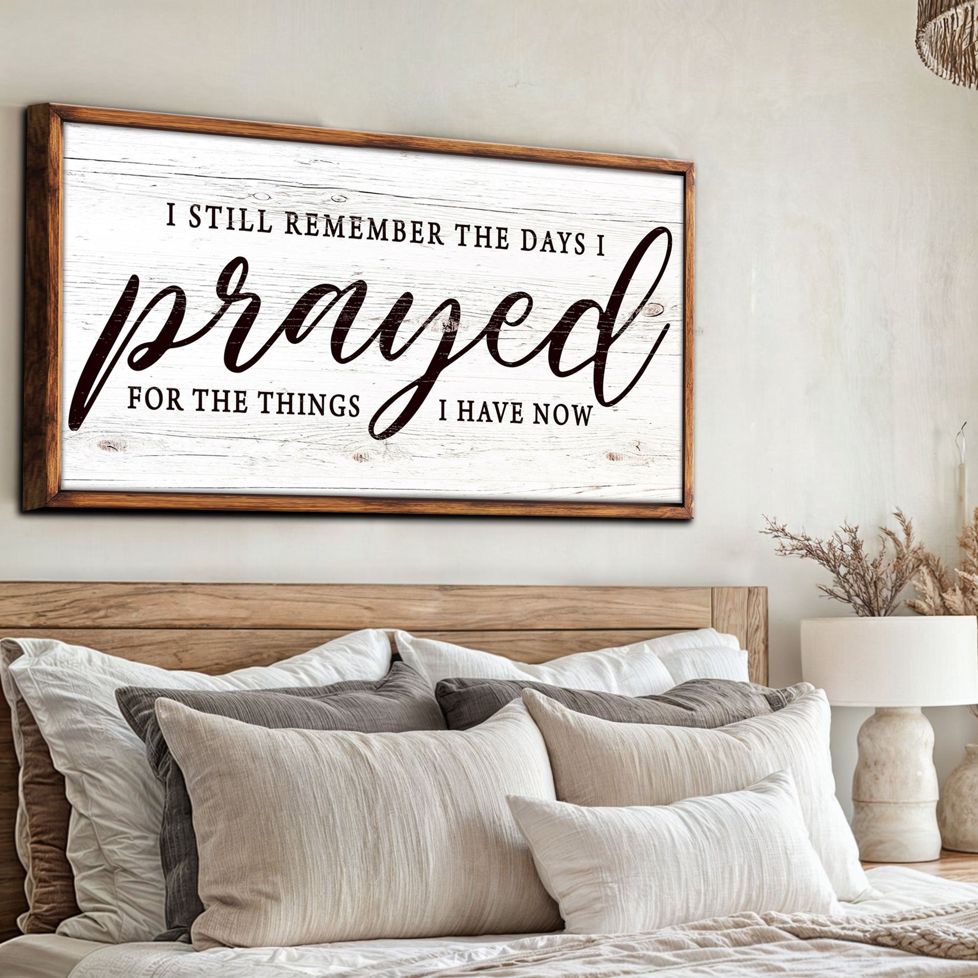 Canvas sign I Still Remember The Days I Prayed on rustic whitewashed panel with brown frame on Tampa Home & Garden Store