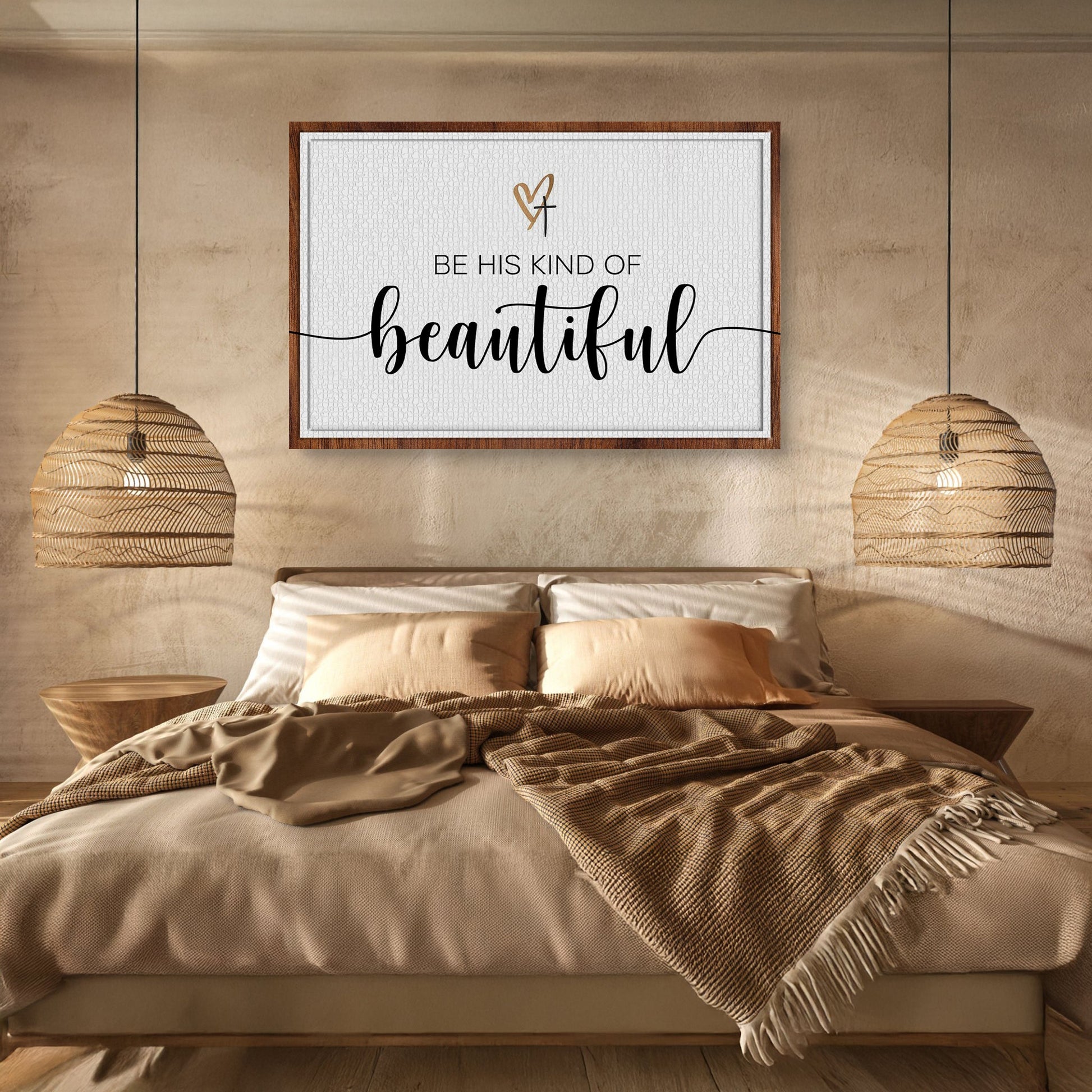 Canvas Be His Kind Of Beautiful Faith Sign II framed in brown wood with white crackled panel and gold heart cross motif on Tampa Home & Garden Store