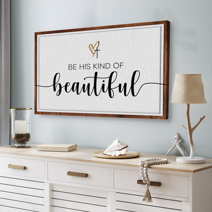 Be His Kind Of Beautiful Faith Sign II canvas art; white textured surface, gold heart and cross motif, black script beautiful, wood frame on Tampa Home & Garden Store