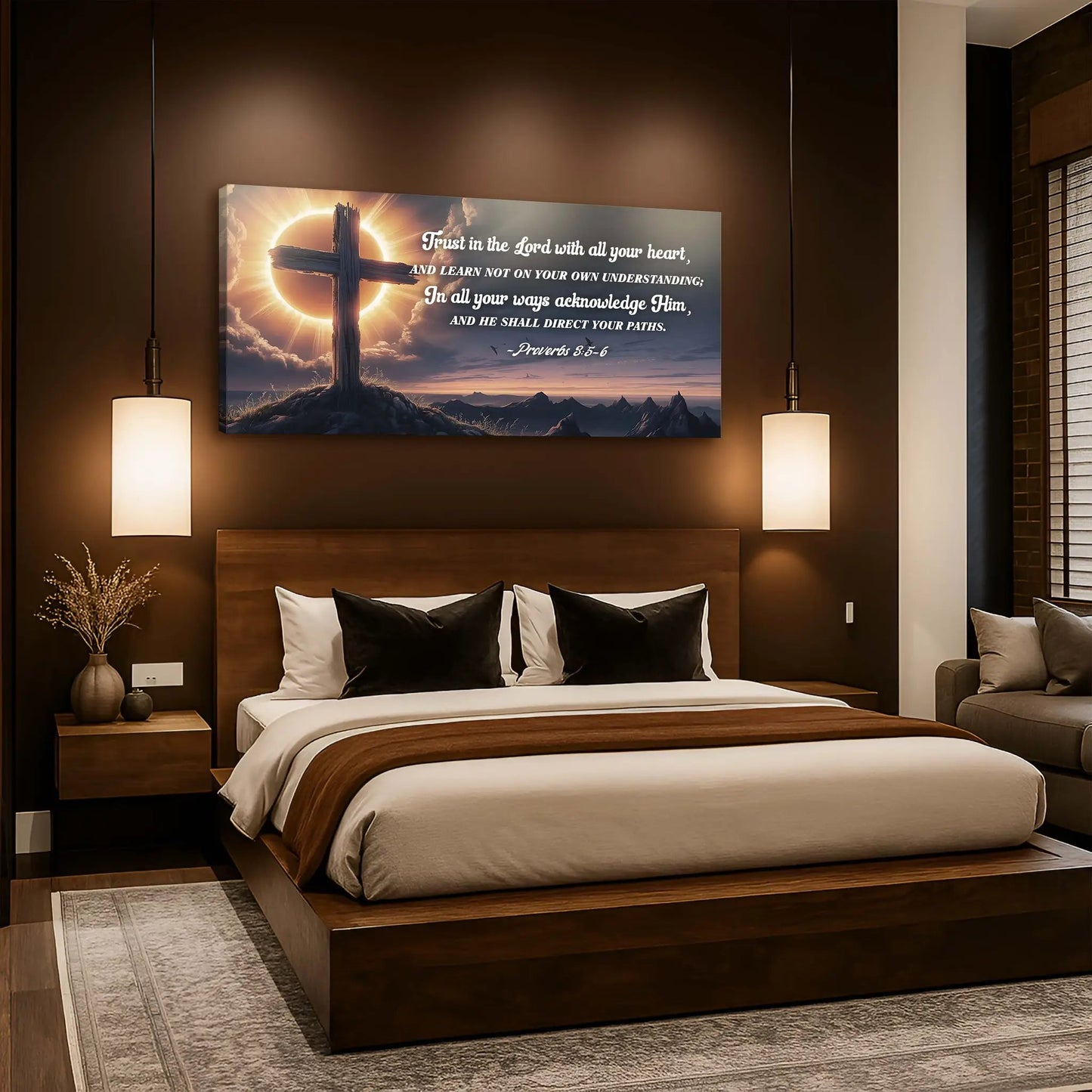 Proverbs 3:5-6 Faith Sign III canvas wall art with cross and sunrise tones on Tampa Home & Garden Store