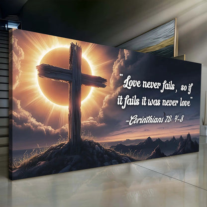 Canvas sign Corinthians 13:4-8 Love never fails with cross design by Tailored Canvases on Tampa Home & Garden Store