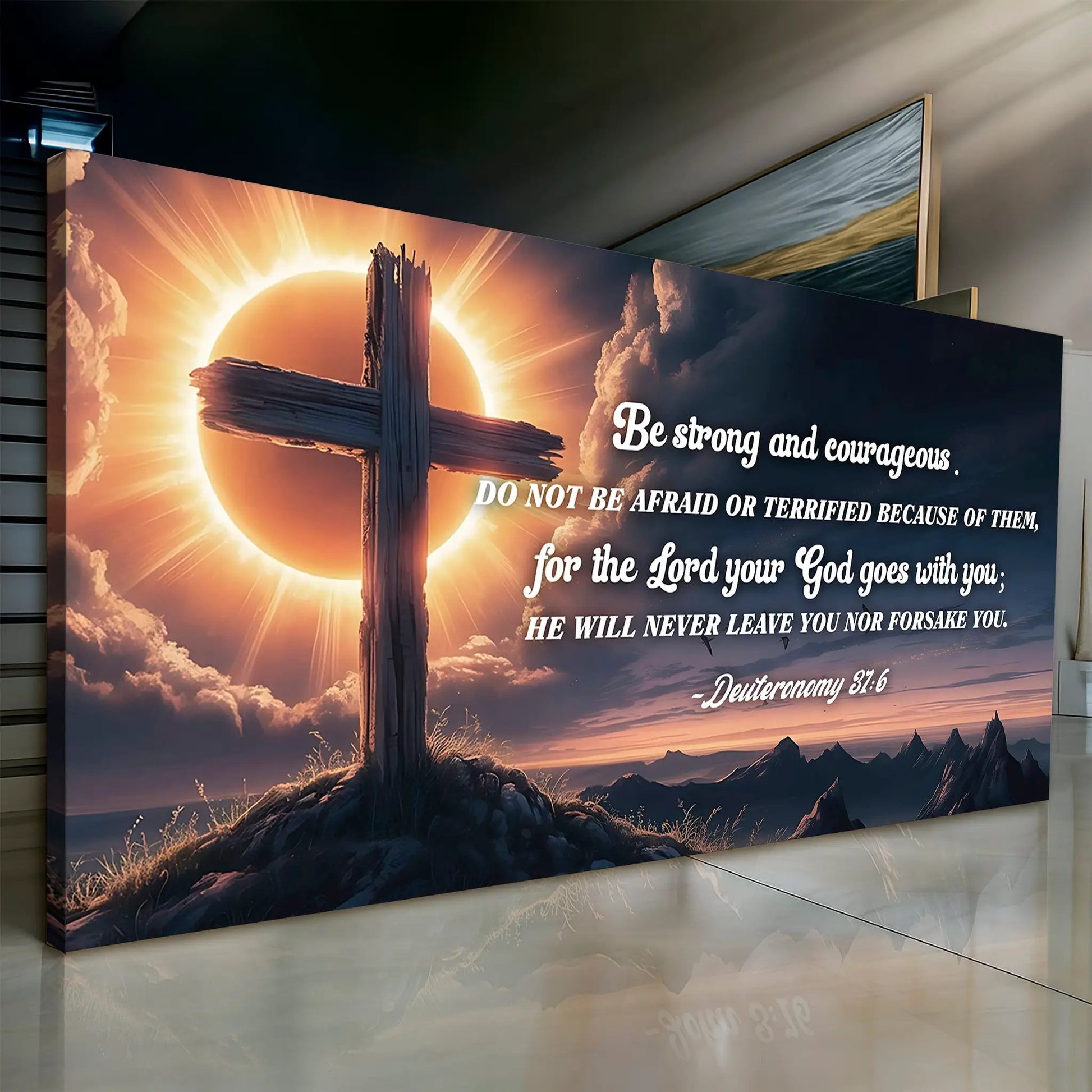 Deuteronomy 31:6 faith sign canvas by Tailored Canvases; cross and scripture craft canvas on Tampa Home & Garden Store