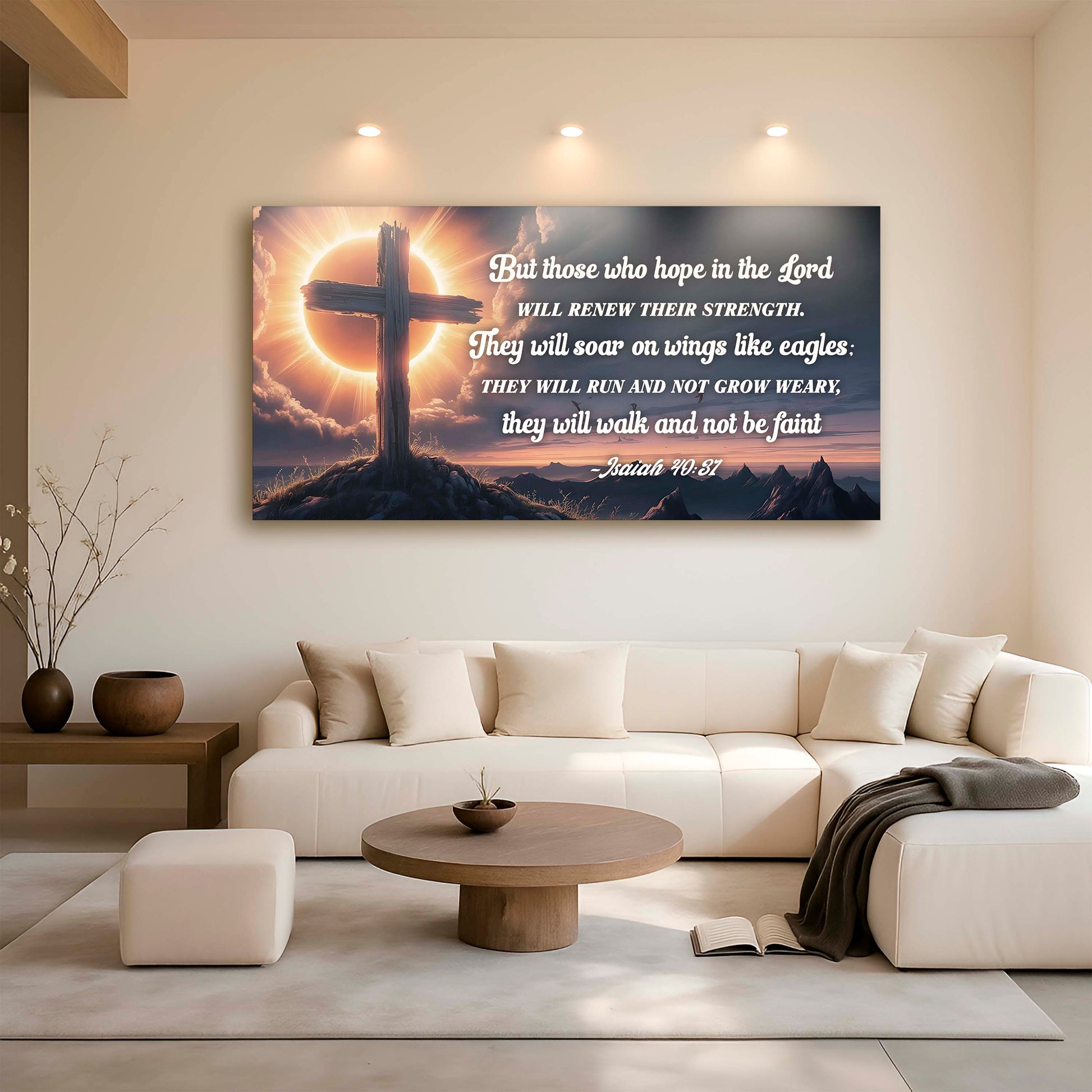 Canvas faith sign Isaiah 40:31 by Tailored Canvases, cross with sunrise in warm tones on Tampa Home & Garden Store