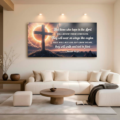 Canvas faith sign Isaiah 40:31 by Tailored Canvases, cross with sunrise in warm tones on Tampa Home & Garden Store