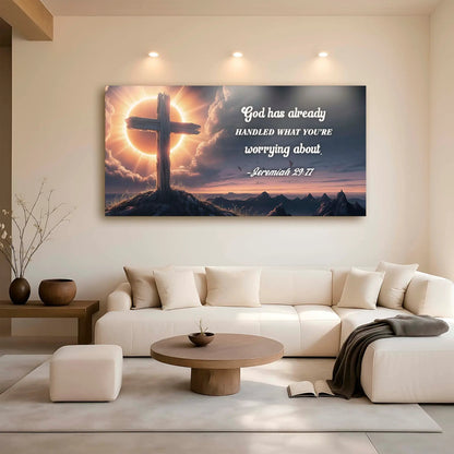 Canvas by Tailored Canvases cross with radiant sunrise and Jeremiah 29:11 scripture on Tampa Home & Garden Store