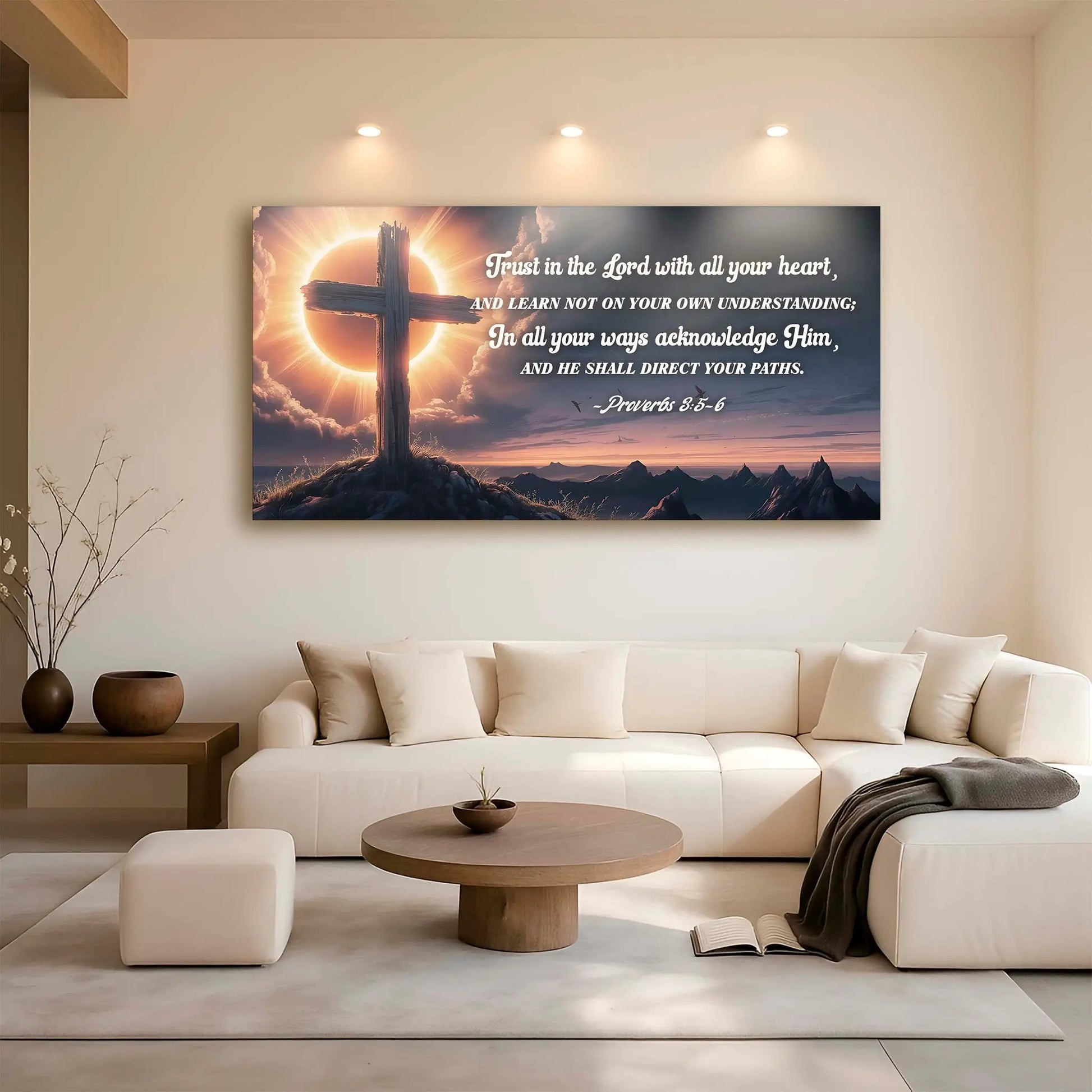 Canvas Proverbs 3:5-6 Faith Sign III with warm sunset cross design by Tailored Canvases on Tampa Home & Garden Store