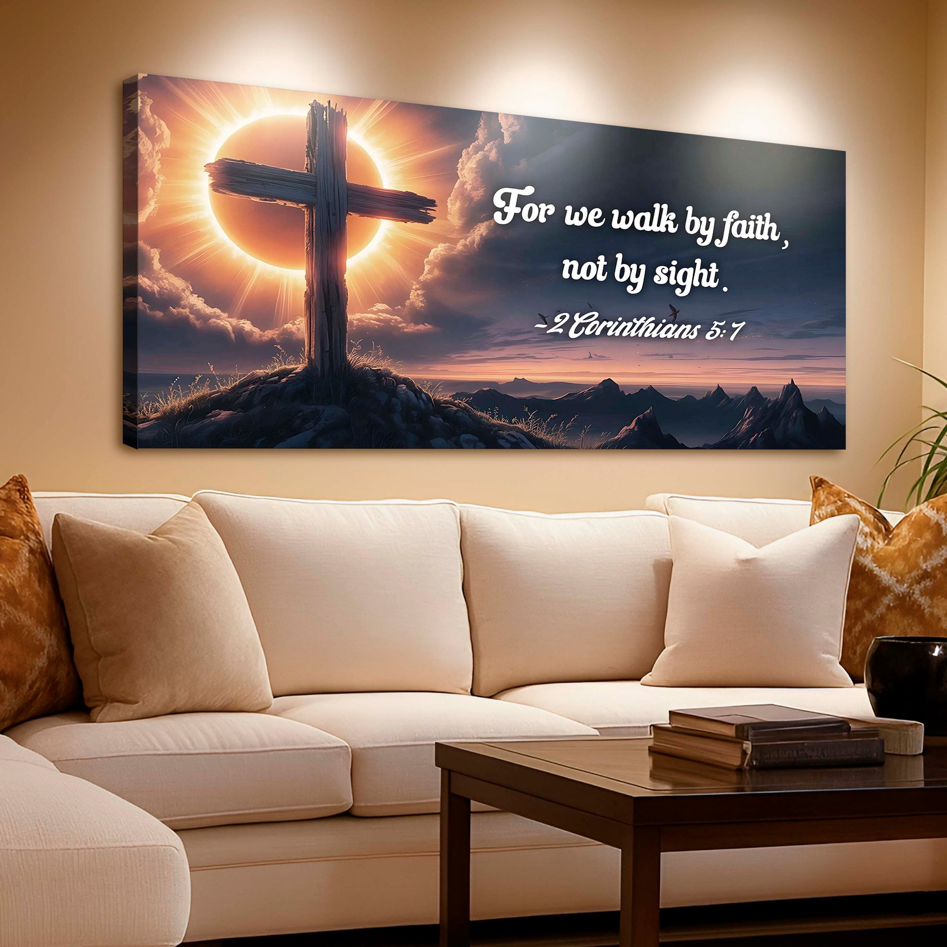 Canvas faith sign Tailored Canvases, cross with sunlit sky and scripture 2 Corinthians 5:7 on Tampa Home & Garden Store