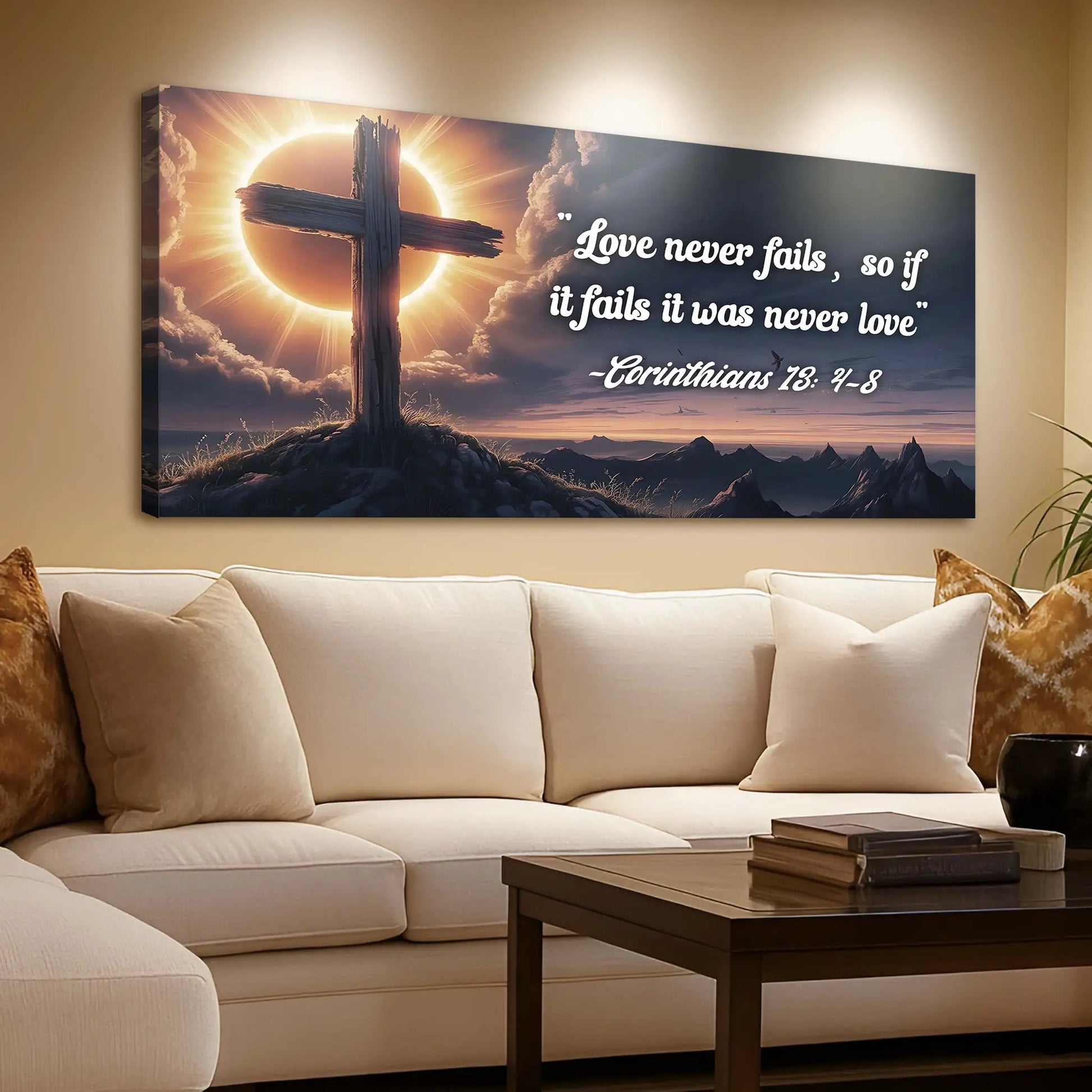 Corinthians 13:4-8 Love Never Fails Faith Sign canvas with cross and sunburst text on Tampa Home & Garden Store