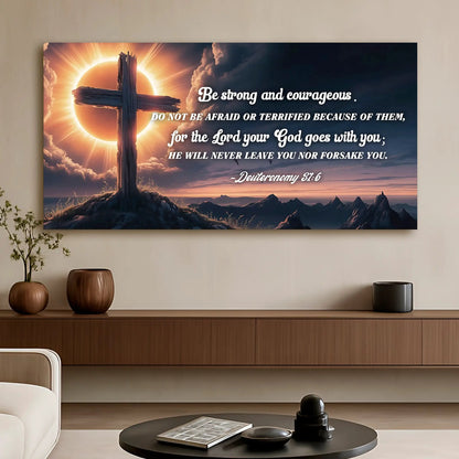 Tailored Canvases crafting canvas faith sign with wooden cross and Deuteronomy 31:6 script on Tampa Home & Garden Store
