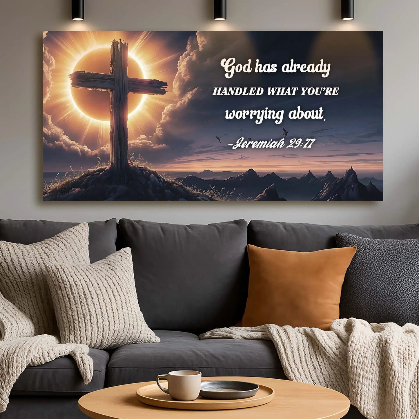 Canvas faith sign by Tailored Canvases with cross against sunrise and scripture text on Tampa Home & Garden Store