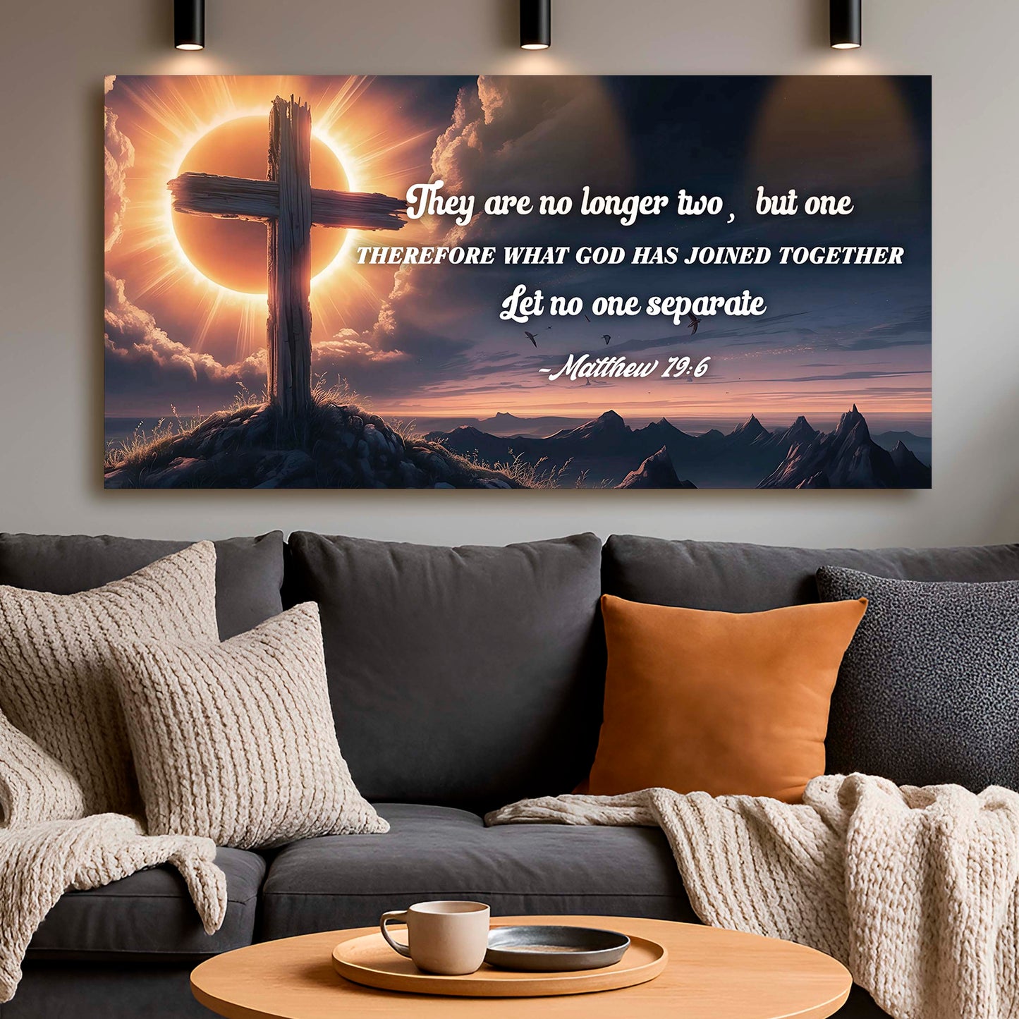 Canvas faith sign Tailored Canvases with wooden cross against sun and Matthew 19:6 text on Tampa Home & Garden Store