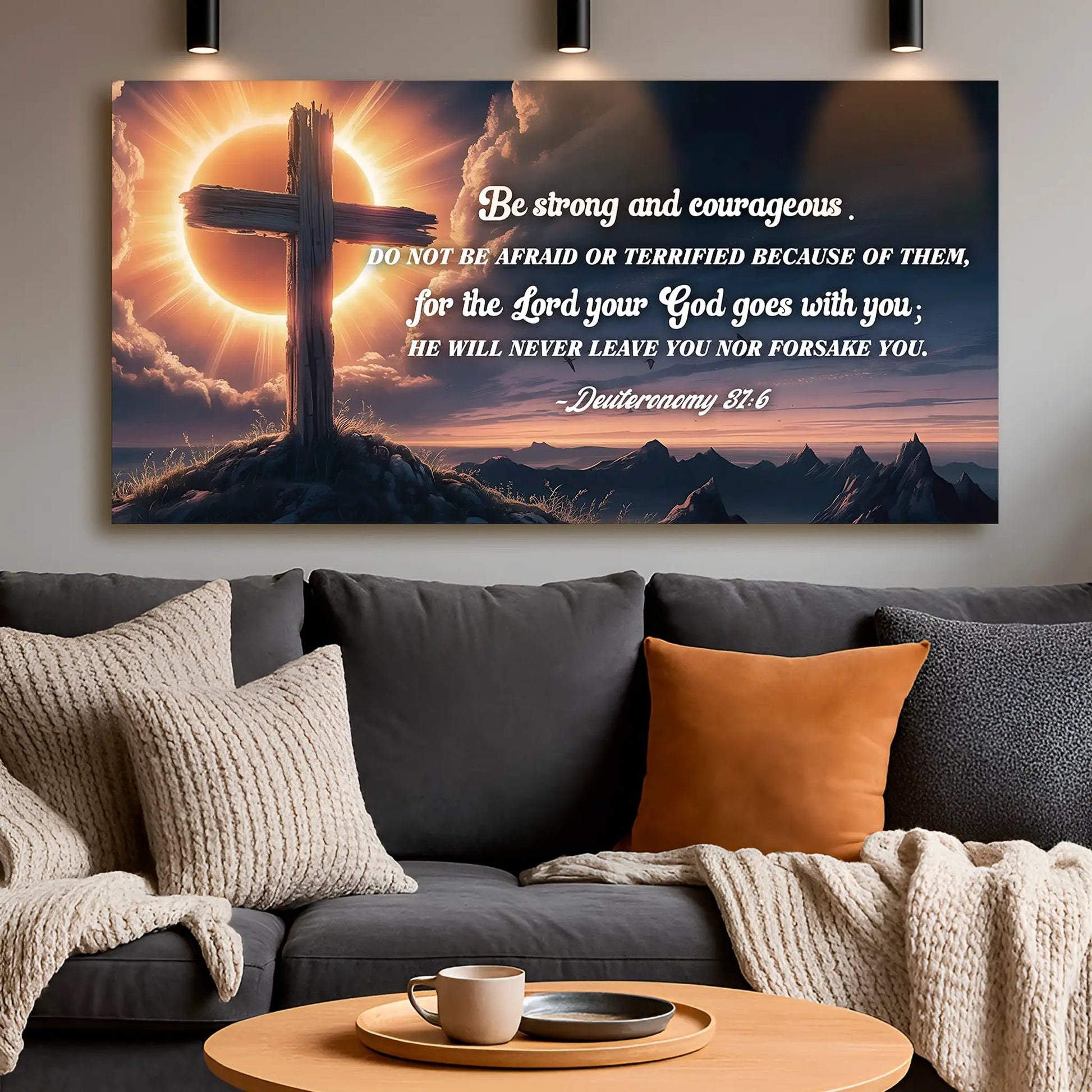 Canvas faith sign with wooden cross and sunburst, displaying Deuteronomy 31:6 on Tampa Home & Garden Store