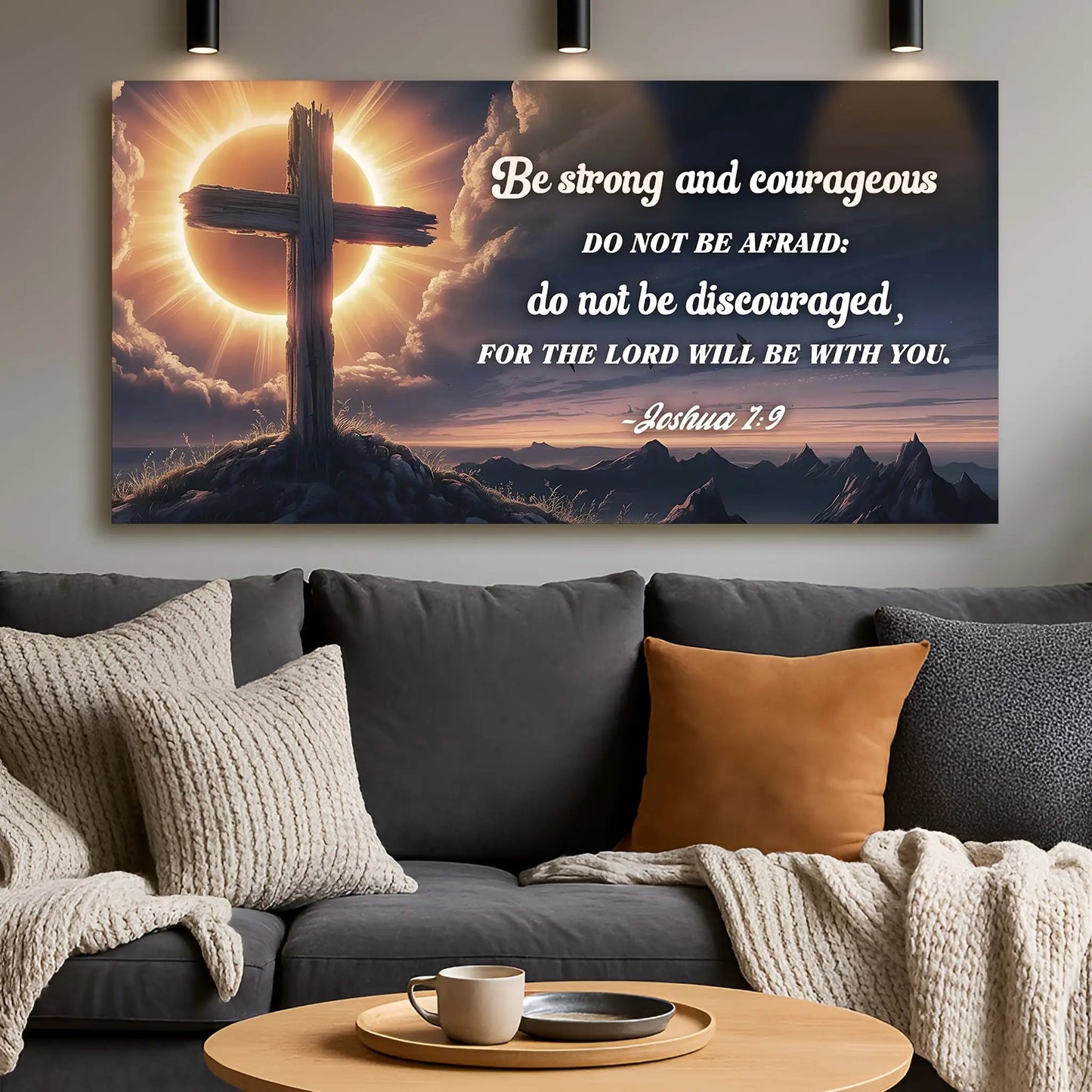Canvas by Tailored Canvases Joshua 1:9 faith sign with cross and sunrise sky on Tampa Home & Garden Store