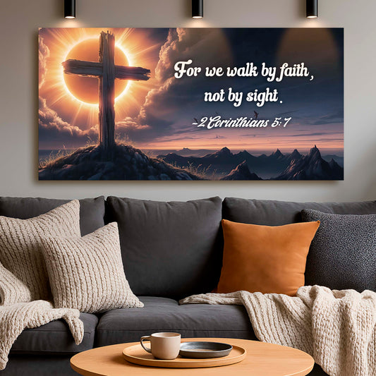 Tailored Canvases crafting canvas wall art with cross, sunset, and 2 Corinthians 5:7 verse on Tampa Home & Garden Store