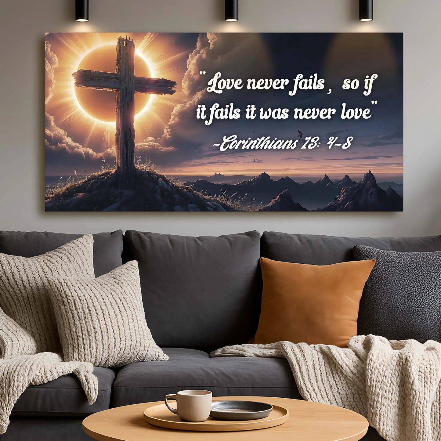 Canvas Tailored Canvases: Corinthians 13:4-8 Love Never Fails sign with wooden cross and sunrise on Tampa Home & Garden Store