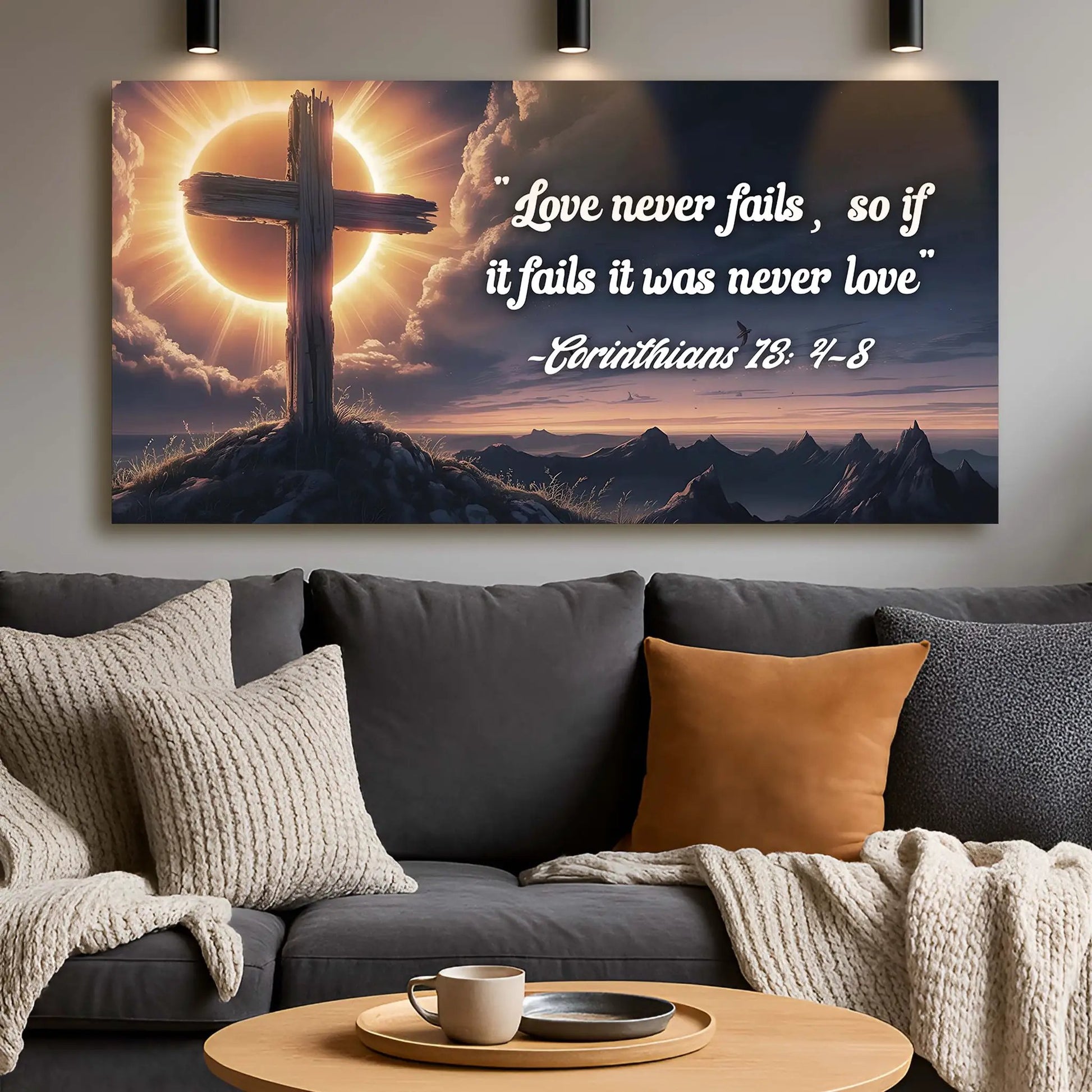 Canvas Tailored Canvases: Corinthians 13:4-8 Love Never Fails sign with wooden cross and sunrise on Tampa Home & Garden Store