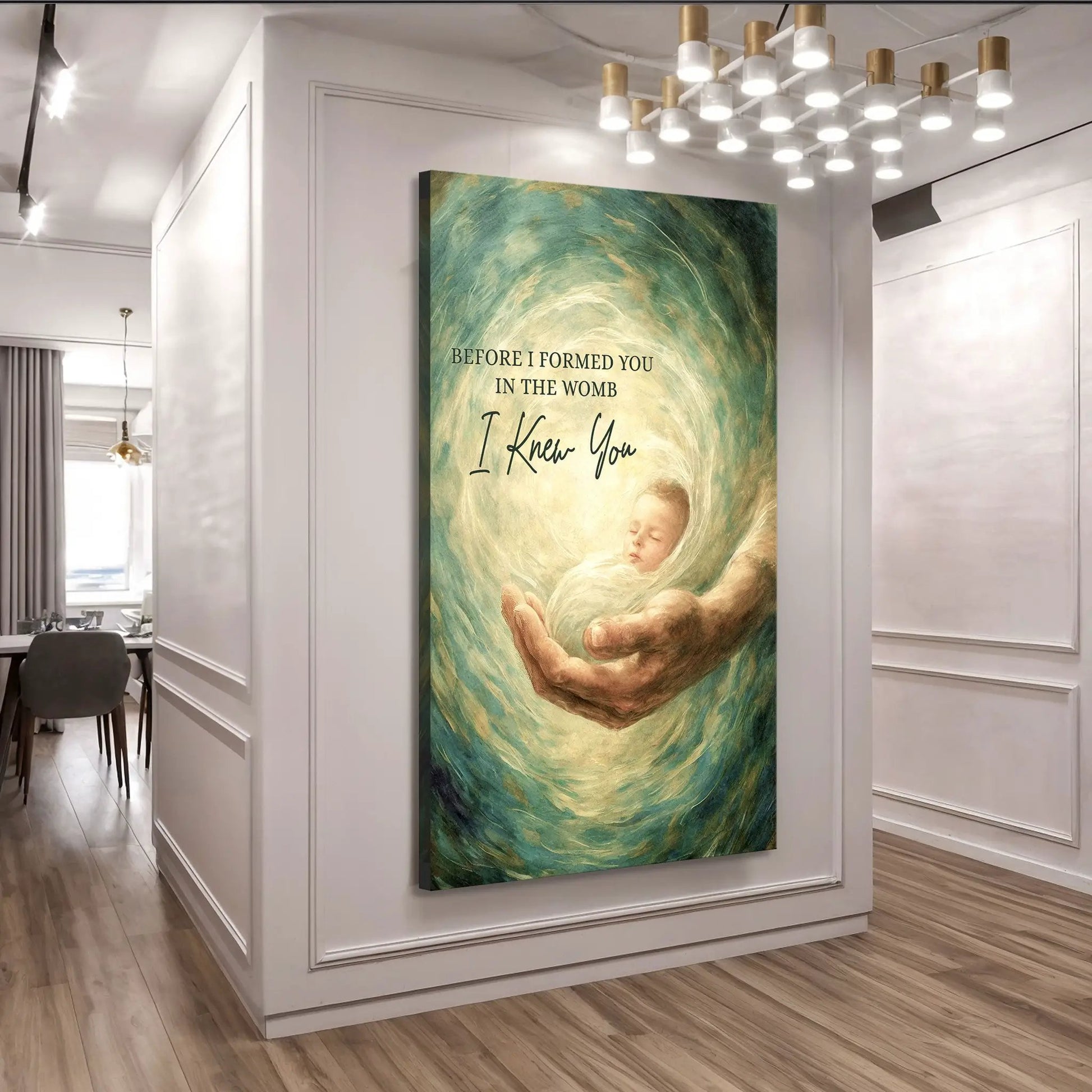 The Unborn Faith Wall Sign canvas by Tailored Canvases; teal swirls and a sleeping baby on Tampa Home & Garden Store
