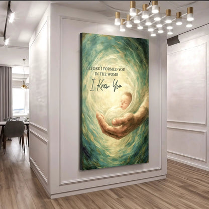 The Unborn Faith Wall Sign canvas by Tailored Canvases; teal swirls and a sleeping baby on Tampa Home & Garden Store