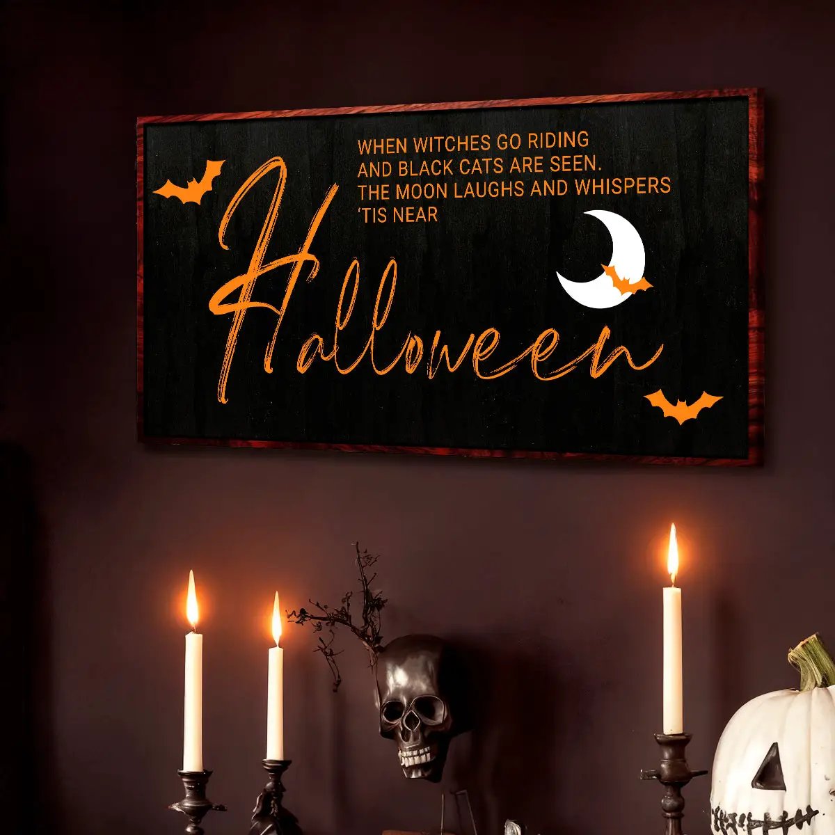When Witches Halloween Wall Sign canvas by Tailored Canvases, orange text on black with bats on Tampa Home & Garden Store