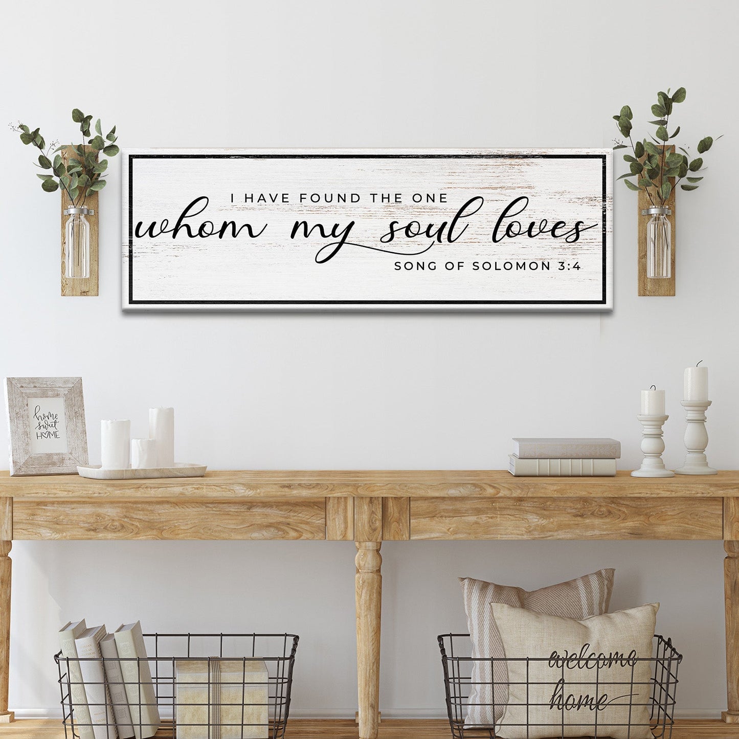 Canvas wall art Tailored Canvases whitewashed wood with black script Song of Solomon 3:4 on Tampa Home & Garden Store
