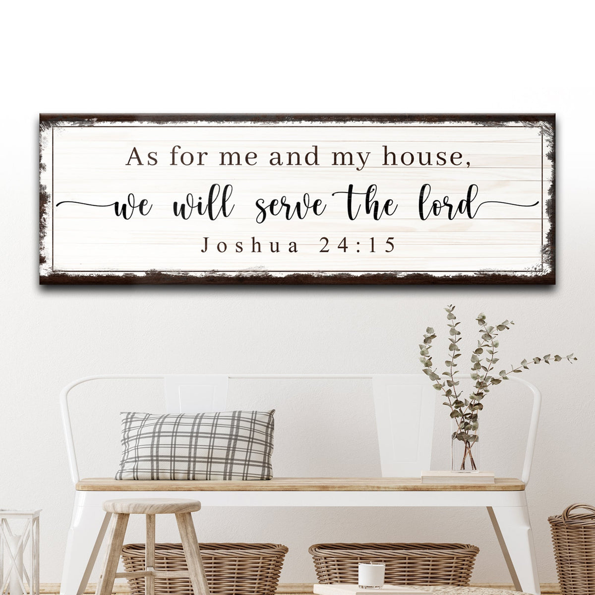 Tailored Canvases canvas sign with Joshua 24:15 on a board and distressed brown frame on Tampa Home & Garden Store