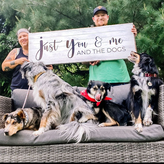 Just You, Me, And The Dogs Sign canvas by Tailored Canvases with script lettering; four dogs on Tampa Home & Garden Store
