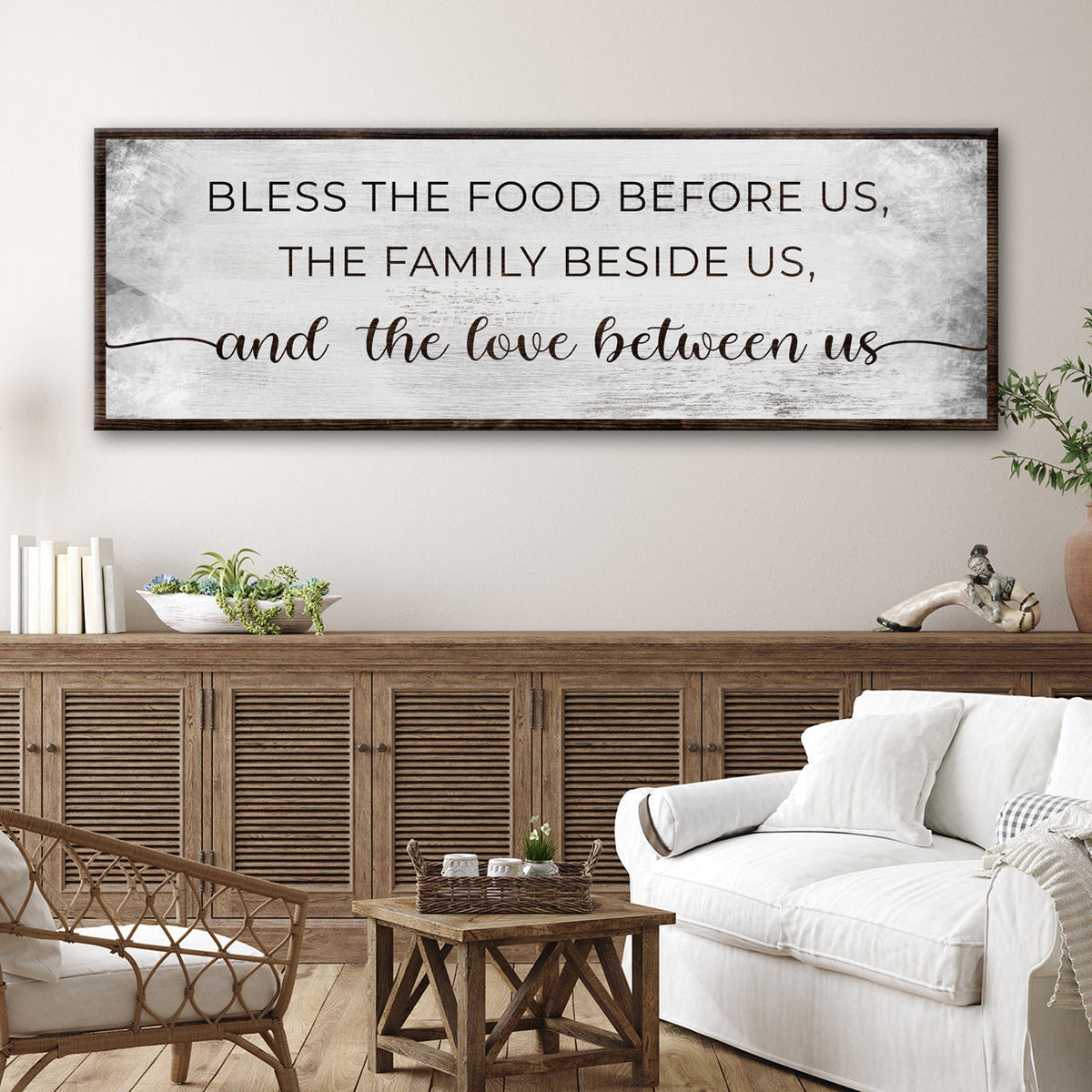 Bless The Love Between Us Sign canvas by Tailored Canvases, rustic dark wood frame on Tampa Home & Garden Store