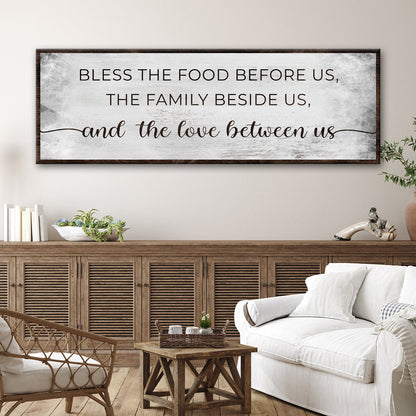 Bless The Love Between Us Sign canvas by Tailored Canvases, rustic dark wood frame on Tampa Home & Garden Store