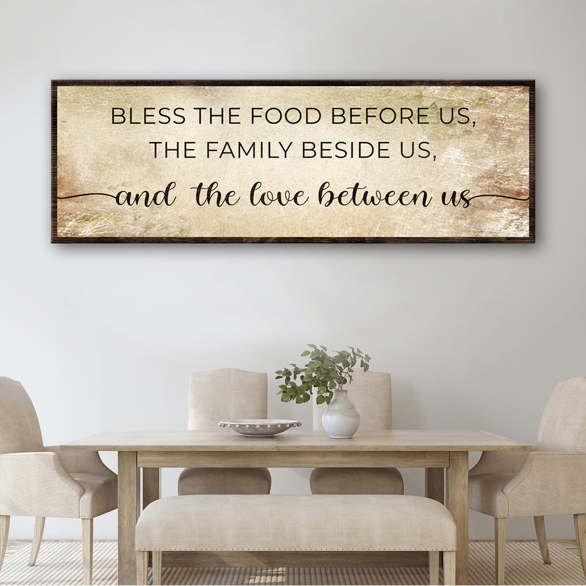 Bless The Love Between Us Sign canvas wall art with beige textured background and wood frame on Tampa Home & Garden Store