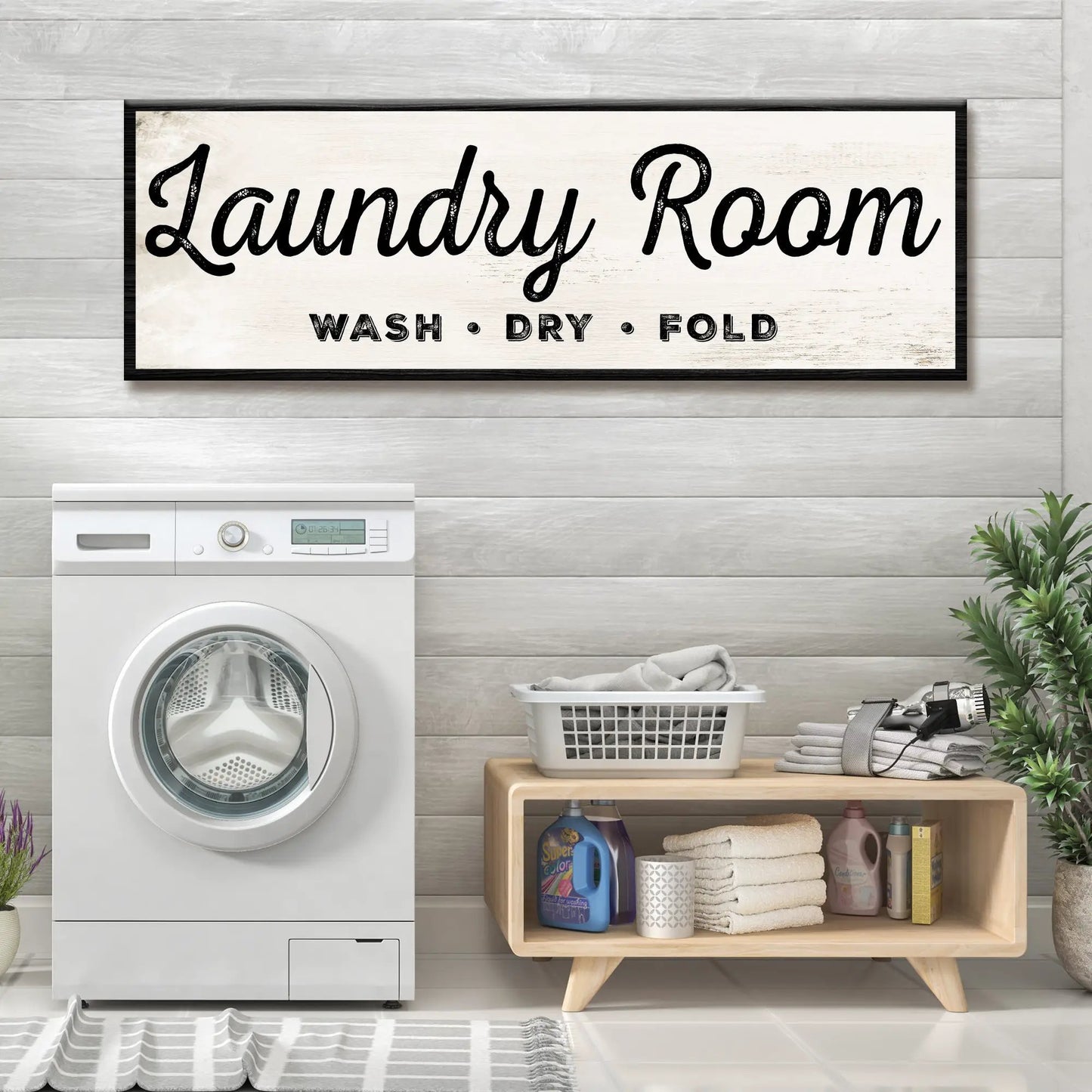 Laundry Room sign on canvas by Tailored Canvases with rustic whitewash and black frame on Tampa Home & Garden Store