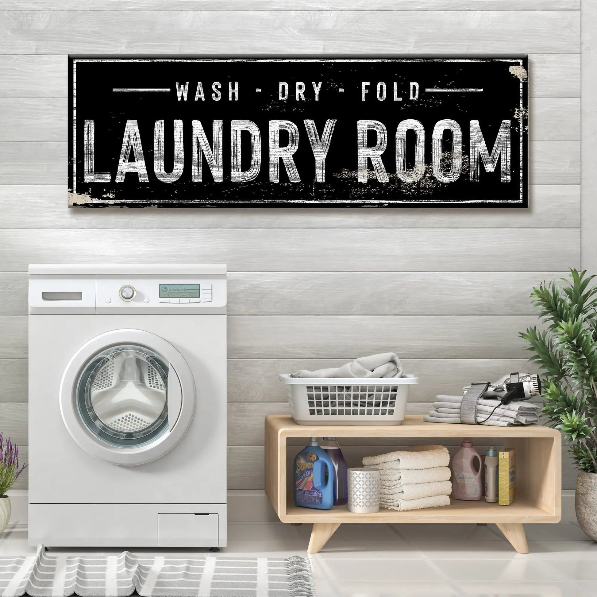 Laundry Room Wash Dry Fold Sign canvas by Tailored Canvases with white lettering on black on Tampa Home & Garden Store
