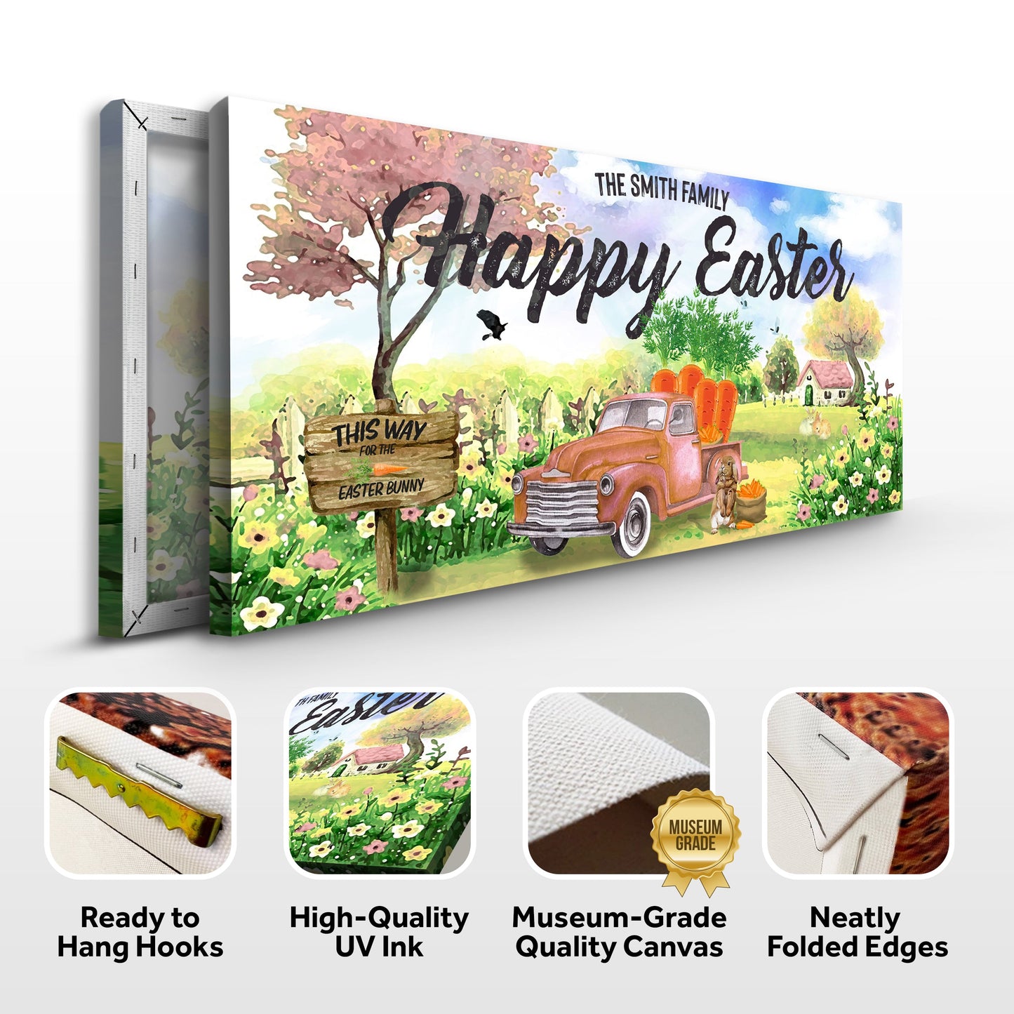 Family Happy Easter Sign canvas by Tailored Canvases featuring spring scene and vintage truck on Tampa Home & Garden Store