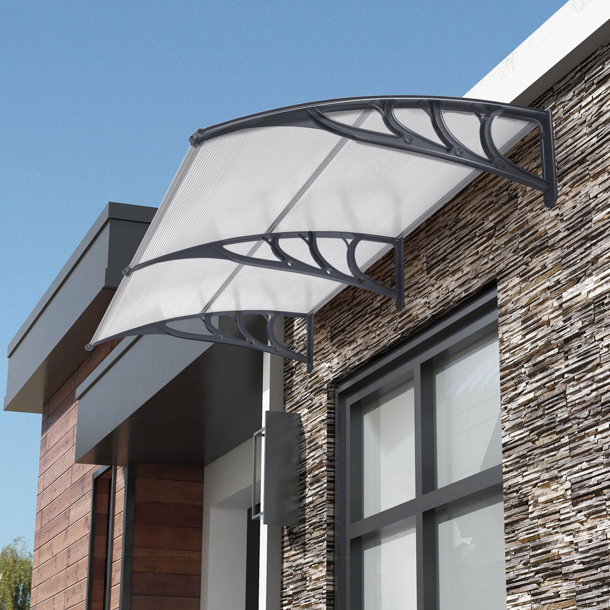 Outdoor front door patio overhang awning by DirectDeals with gray metal brackets and white canopy on Tampa Home & Garden Store