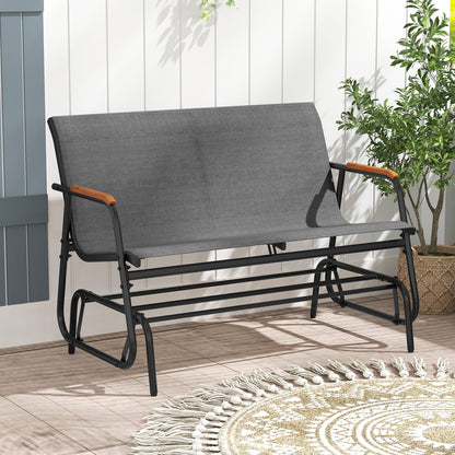 Patio glider bench with teak armrests, breathable gray fabric on black metal frame DirectDeals on Tampa Home & Garden Store