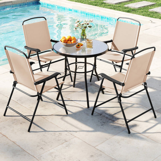 6 Piece Outdoor Patio Dining Set and Umbrella with beige sling chairs and round glass table on Tampa Home & Garden Store