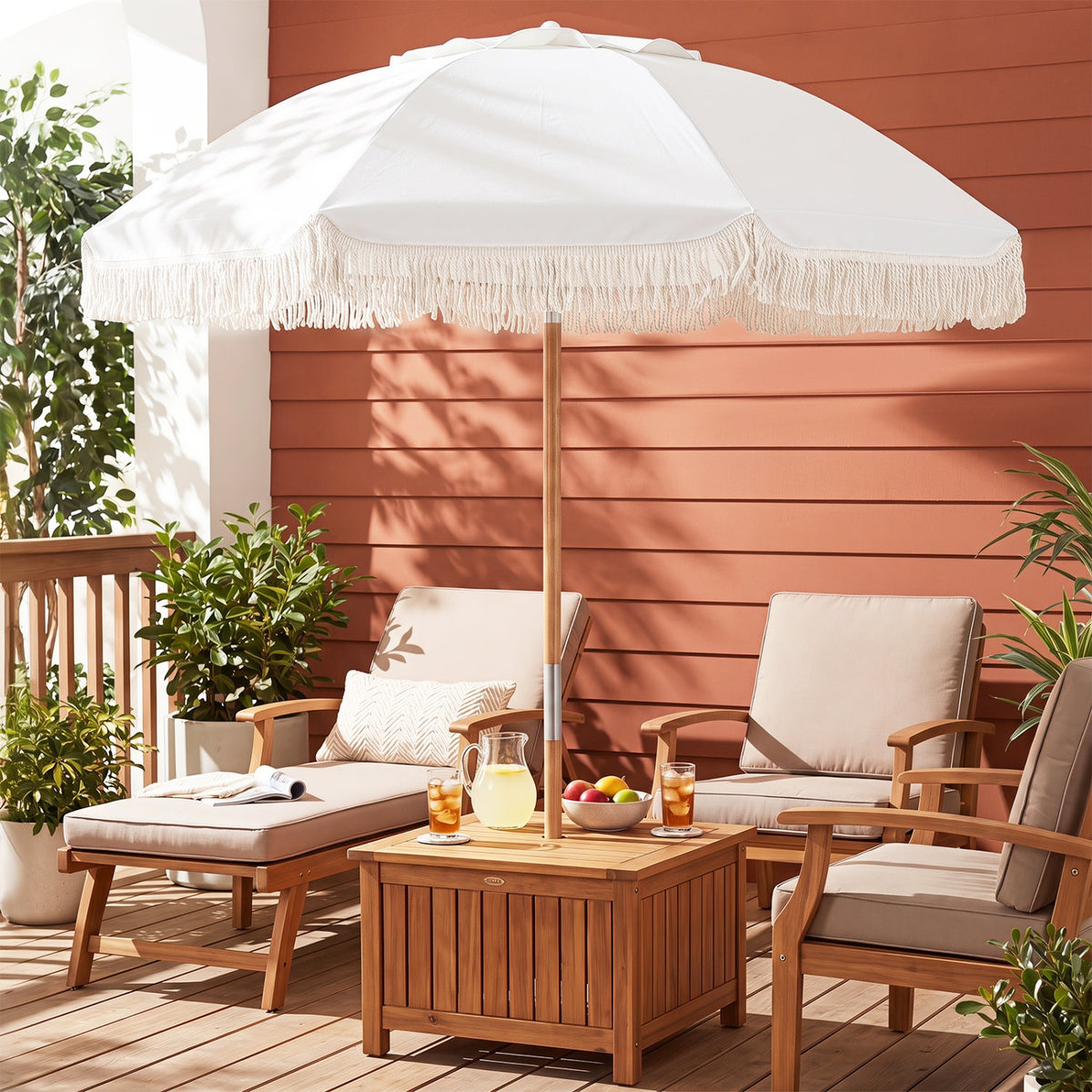 DirectDeals 6 Feet Patio Umbrella with Fringe and Push Tilt, white canopy and wooden pole on Tampa Home & Garden Store