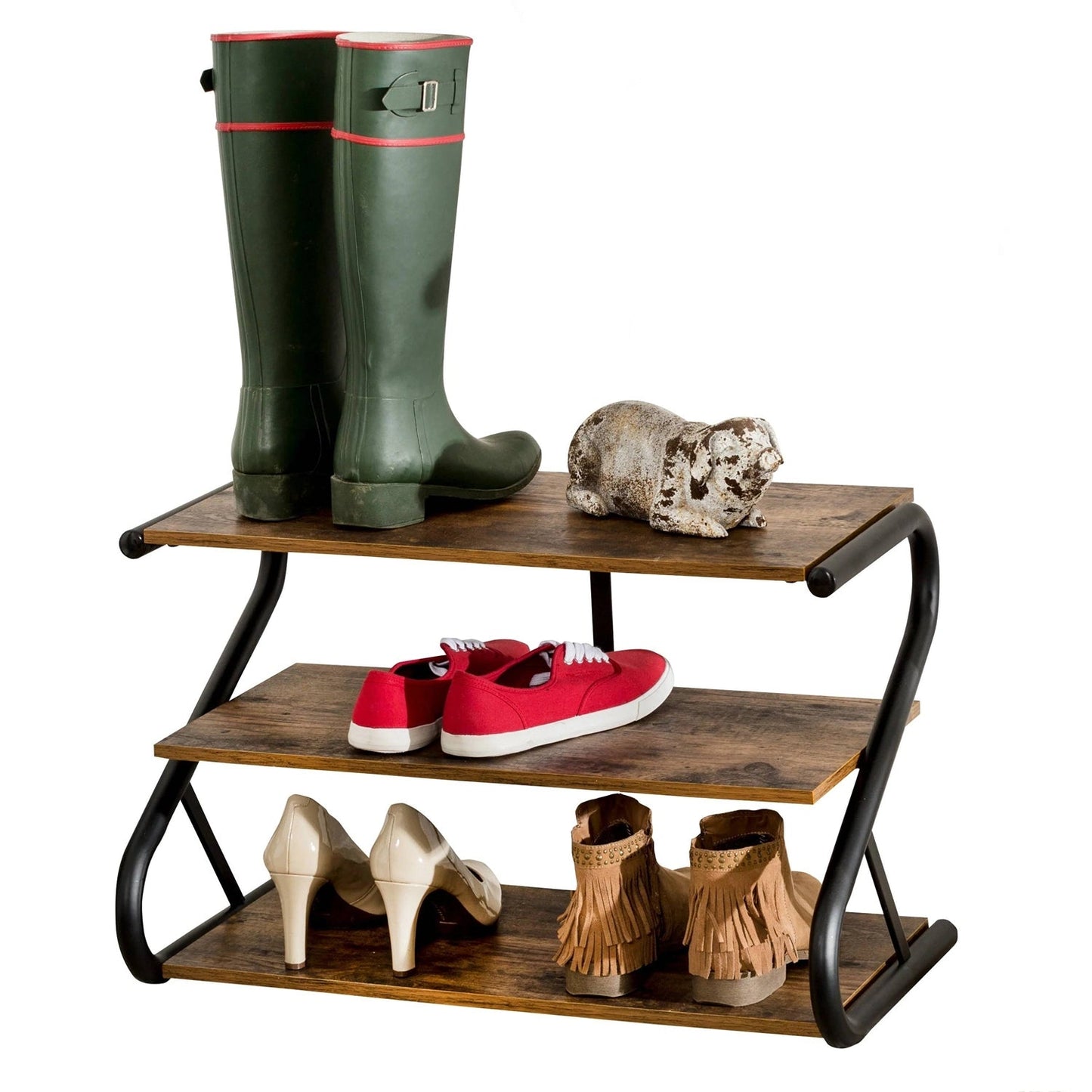 Zapatero moderno industrial de metal y madera de 3 niveles - Capacidad para 9 pares de zapatos