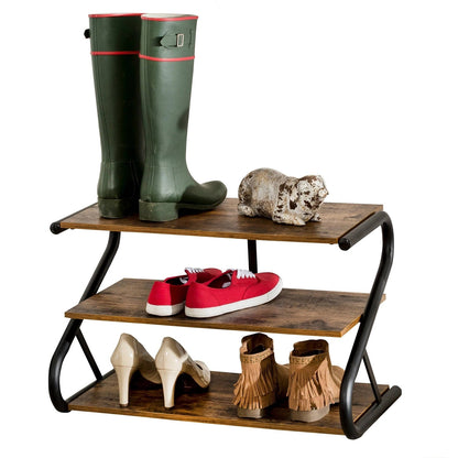Zapatero moderno industrial de metal y madera de 3 niveles - Capacidad para 9 pares de zapatos