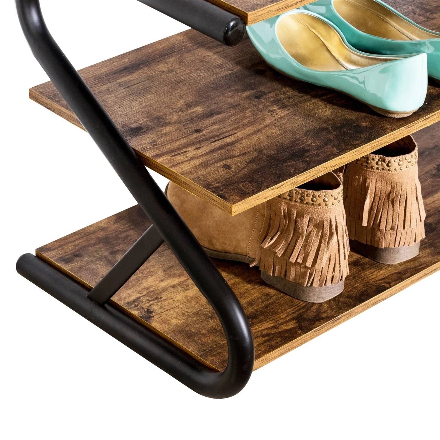 Zapatero moderno industrial de metal y madera de 3 niveles - Capacidad para 9 pares de zapatos