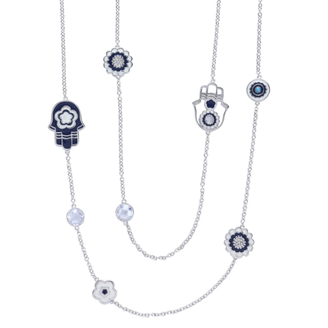 Lucky Hamsa Necklace by Lauren G Adams, blue enamel Hamsa and crystal beads on silver chain on Tampa Home & Garden Store